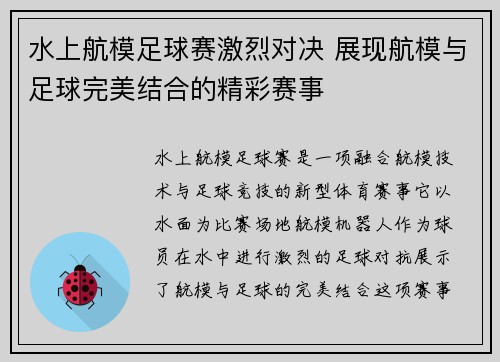 水上航模足球赛激烈对决 展现航模与足球完美结合的精彩赛事