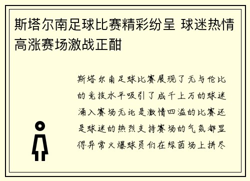 斯塔尔南足球比赛精彩纷呈 球迷热情高涨赛场激战正酣