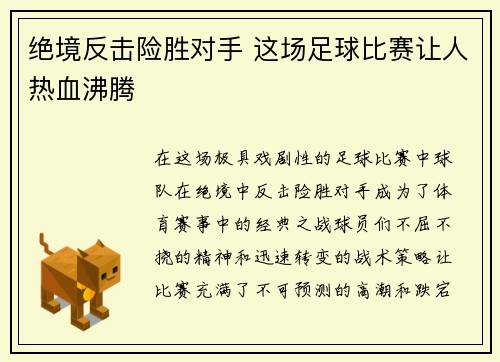 绝境反击险胜对手 这场足球比赛让人热血沸腾