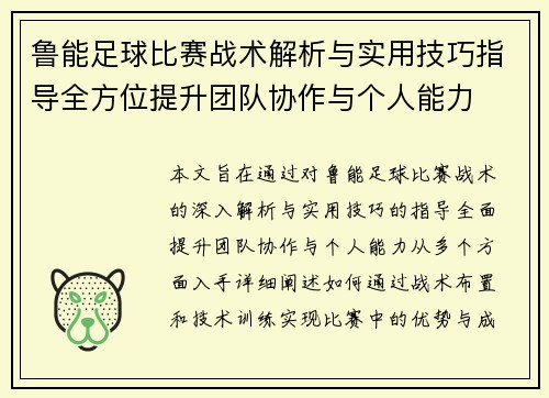 鲁能足球比赛战术解析与实用技巧指导全方位提升团队协作与个人能力