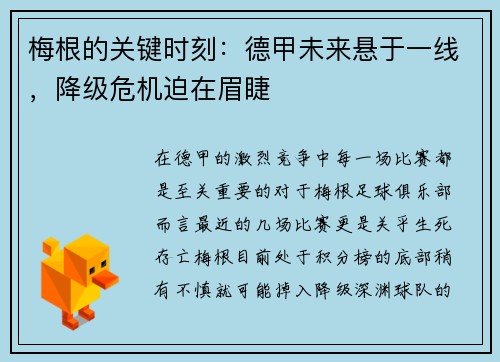 梅根的关键时刻：德甲未来悬于一线，降级危机迫在眉睫