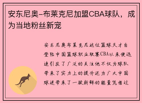 安东尼奥-布莱克尼加盟CBA球队，成为当地粉丝新宠