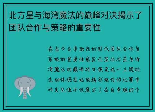 北方星与海湾魔法的巅峰对决揭示了团队合作与策略的重要性