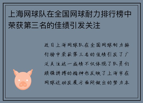 上海网球队在全国网球耐力排行榜中荣获第三名的佳绩引发关注