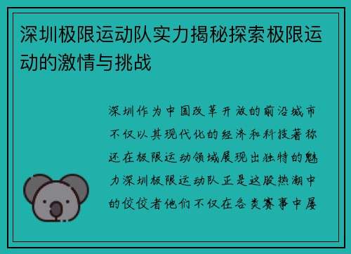 深圳极限运动队实力揭秘探索极限运动的激情与挑战
