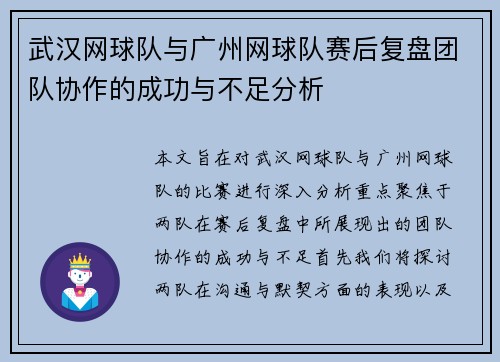 武汉网球队与广州网球队赛后复盘团队协作的成功与不足分析