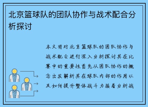 北京篮球队的团队协作与战术配合分析探讨