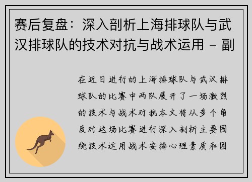 赛后复盘：深入剖析上海排球队与武汉排球队的技术对抗与战术运用 - 副本