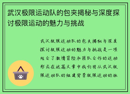 武汉极限运动队的包夹揭秘与深度探讨极限运动的魅力与挑战